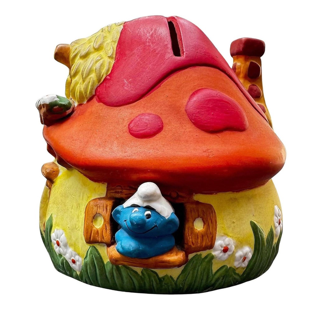 Vintage 1982 Smurf Mushroom House Ceramic Bank Wallace Berrie Peyo Collectible